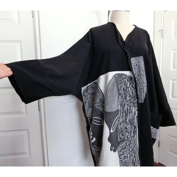 Vintage The African Star Black Cotton Kimono Jacket Faces Print One Size - Picture 2 of 8